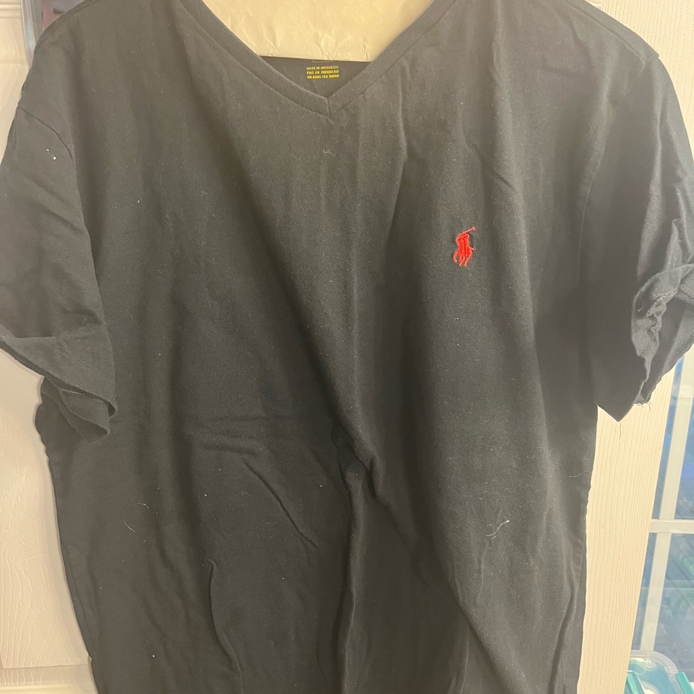 Polo t-shirt v-neck size large. Black with red polo logo.